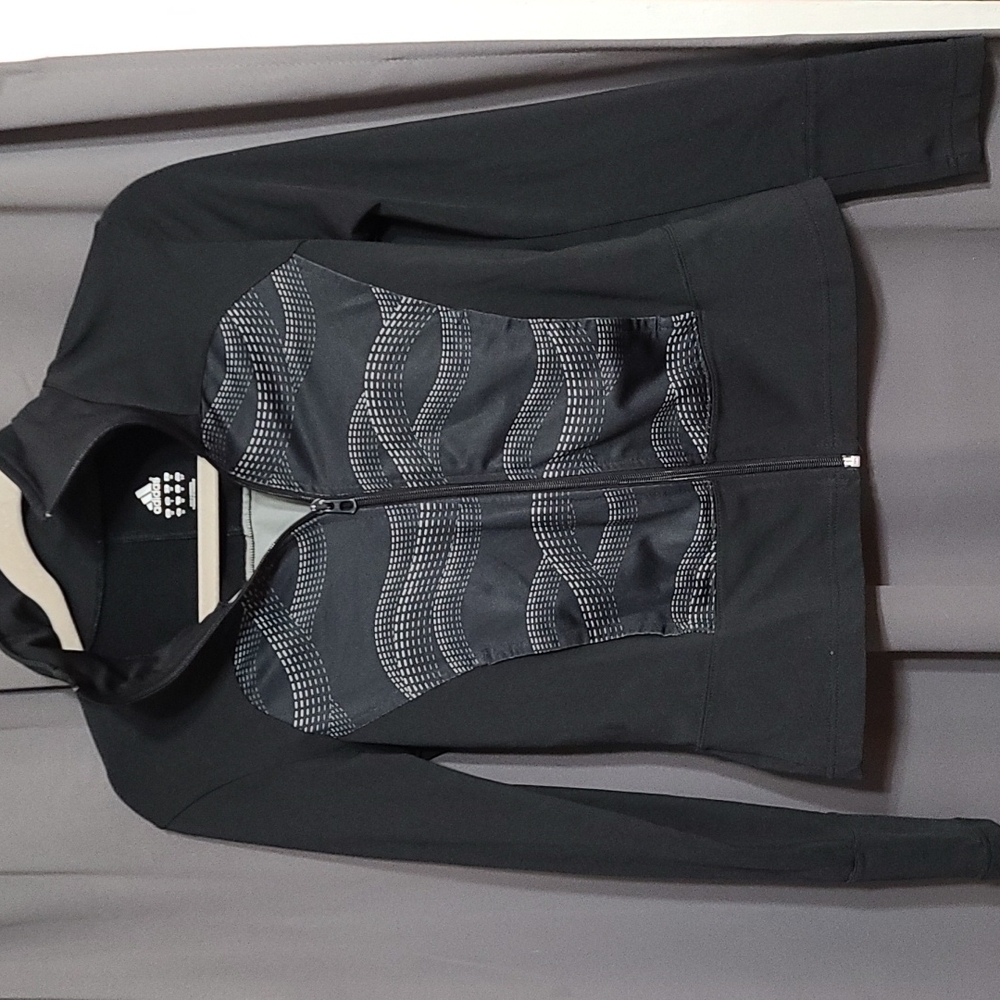 Adidas Womens Athletic Jacket Zip Up Black Silver Pockets Size S EUC